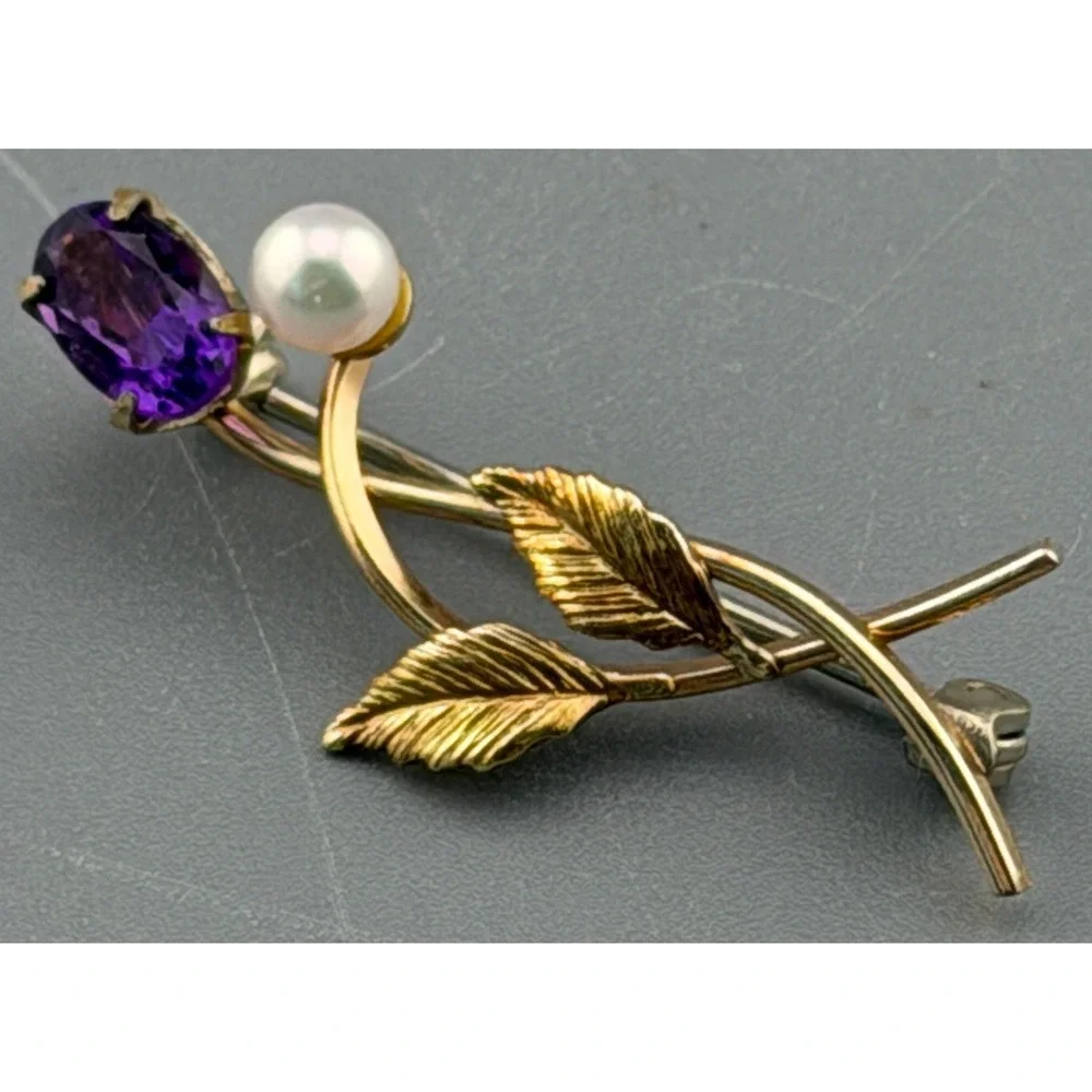Vintage Floral Brooch Amethyst Freshwater Pearl Gold Filled 1.25